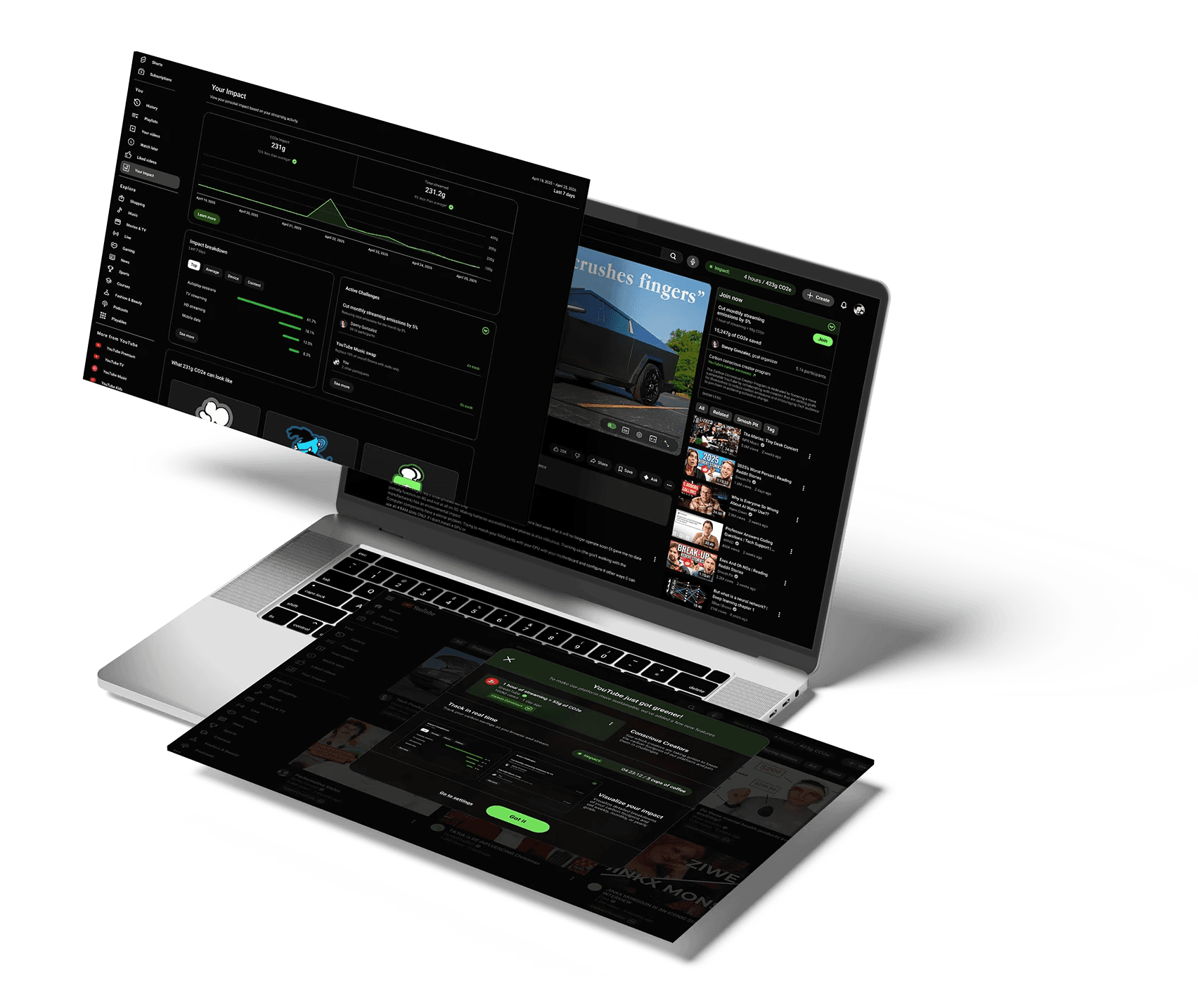 Multi screen mockup showing YouTube impact dashboard and video feed.