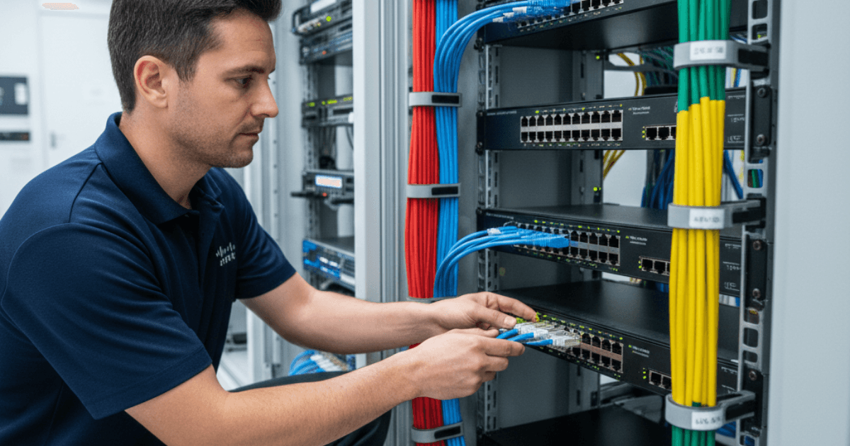 Técnico de TI organizando cabos de rede coloridos conectados a uma pilha de roteadores e switches profissionais em um rack de servidor, demonstrando uma infraestrutura de redes estruturadas eficiente e organizada.