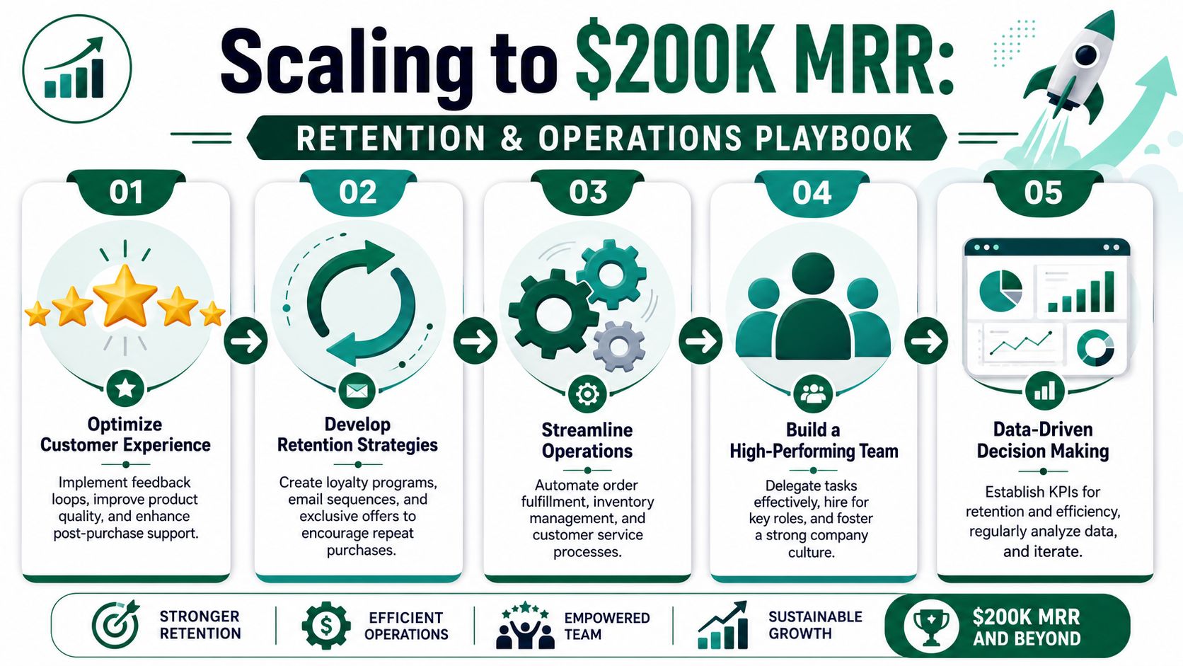 A five-step roadmap infographic for scaling a business to $200K monthly recurring revenue through retention and operations.