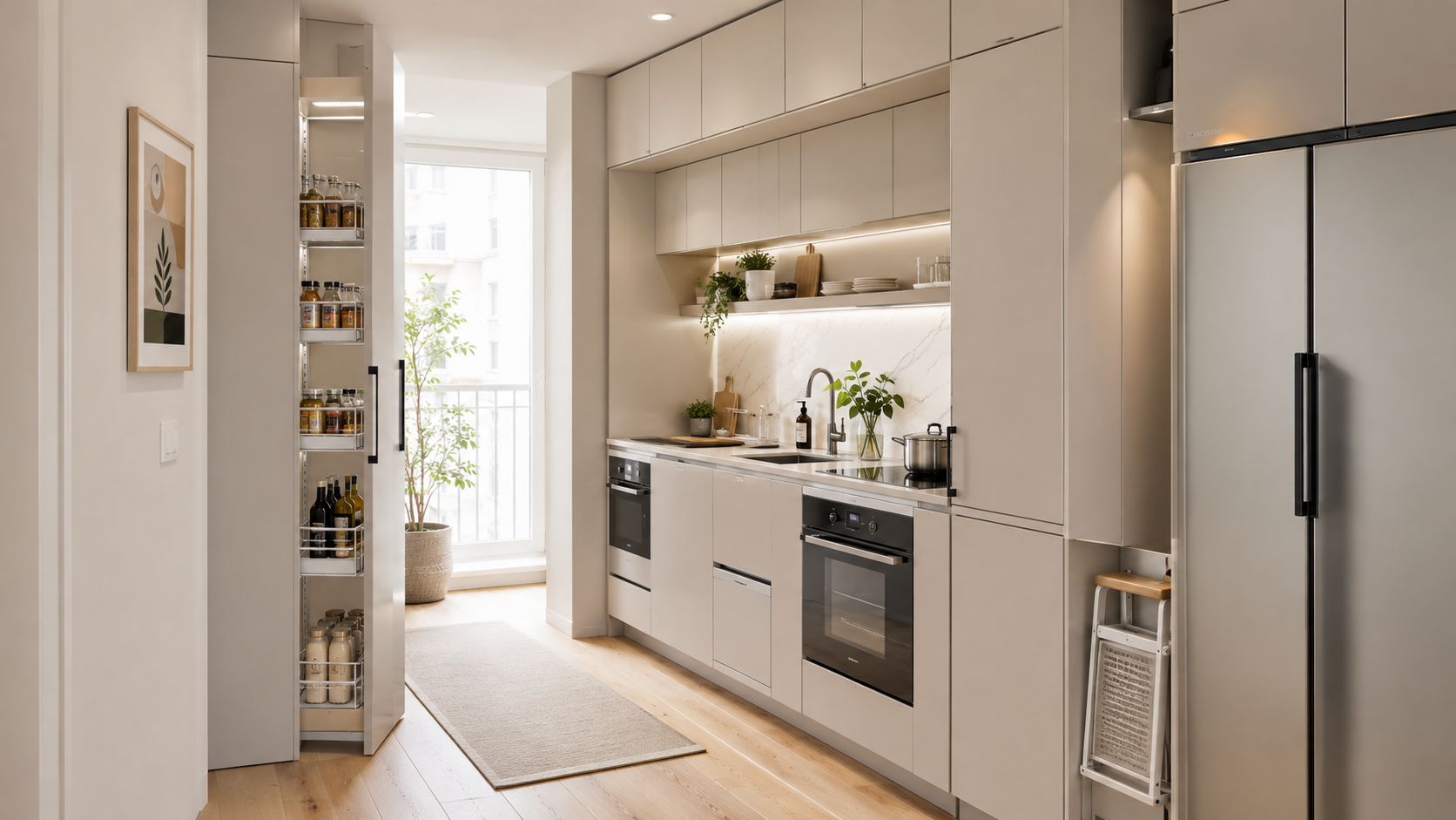 A modern minimalist modular kitchen featuring light beige cabinetry, integrated appliances, and a convenient pull-out pantry unit.
