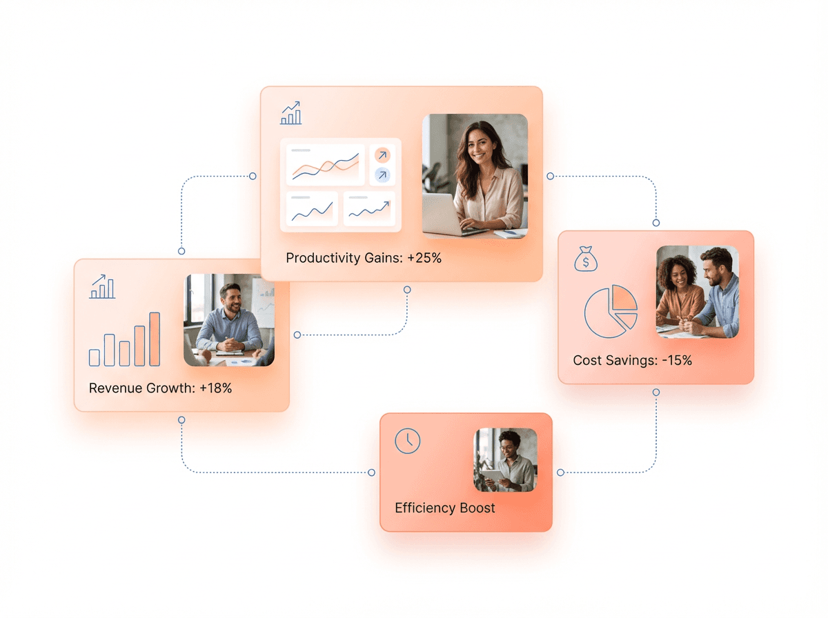 Enterprise dashboard visualizing productivity gains, revenue growth, and cost reduction enabled by modern software interface design