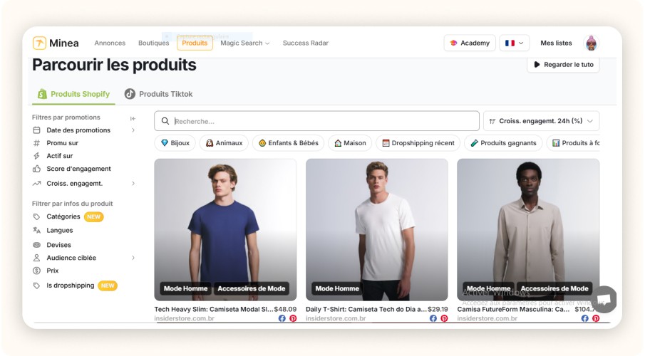 onglet Produit Minea