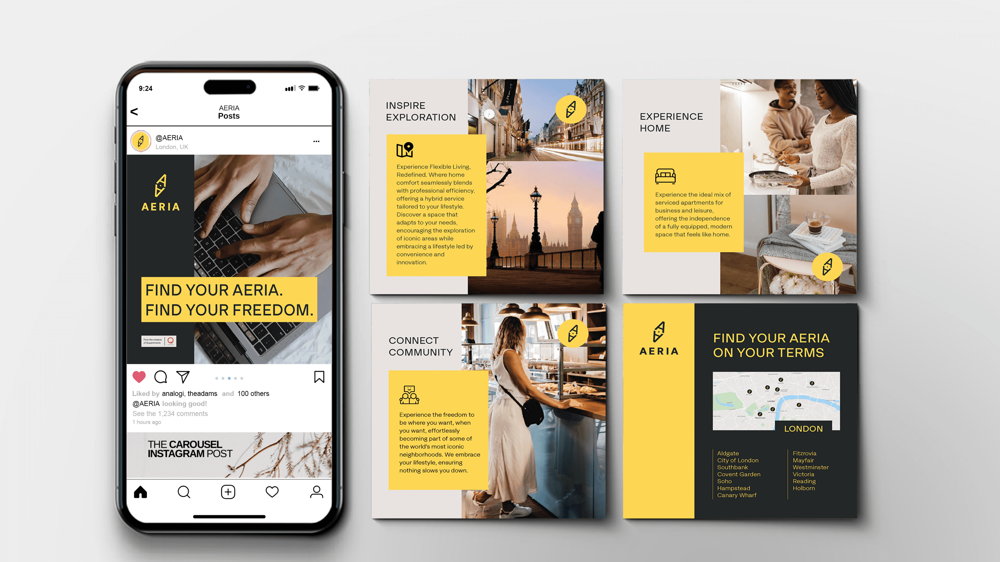 A smartphone mockup displaying an AERIA Instagram post with the headline “Find Your Aeria. Find Your Freedom.” Surrounding the phone are multiple square social media post designs featuring London cityscapes, lifestyle imagery, and branded yellow text panels with headings such as “Inspire Exploration,” “Experience Home,” and “Connect Community,” all presented in AERIA’s black and yellow visual style.