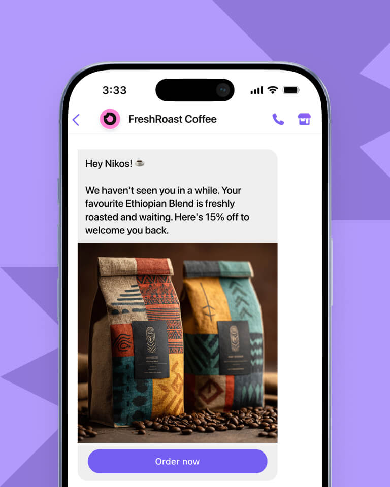Viber messaging campaign showcasing a personalized message from a coffee e-commerce store.