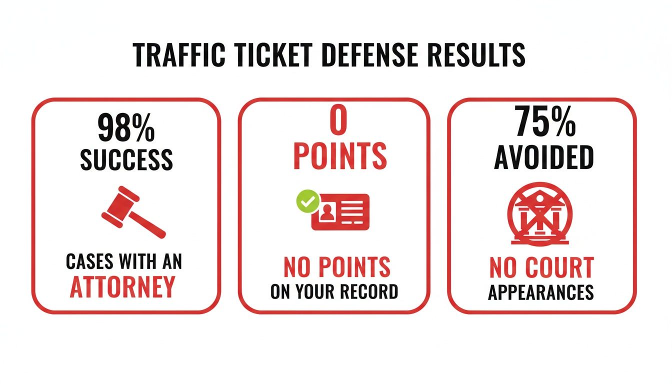 Infographic showing traffic ticket defense results: 98% success, 0 points on record, 75% court appearances avoided.