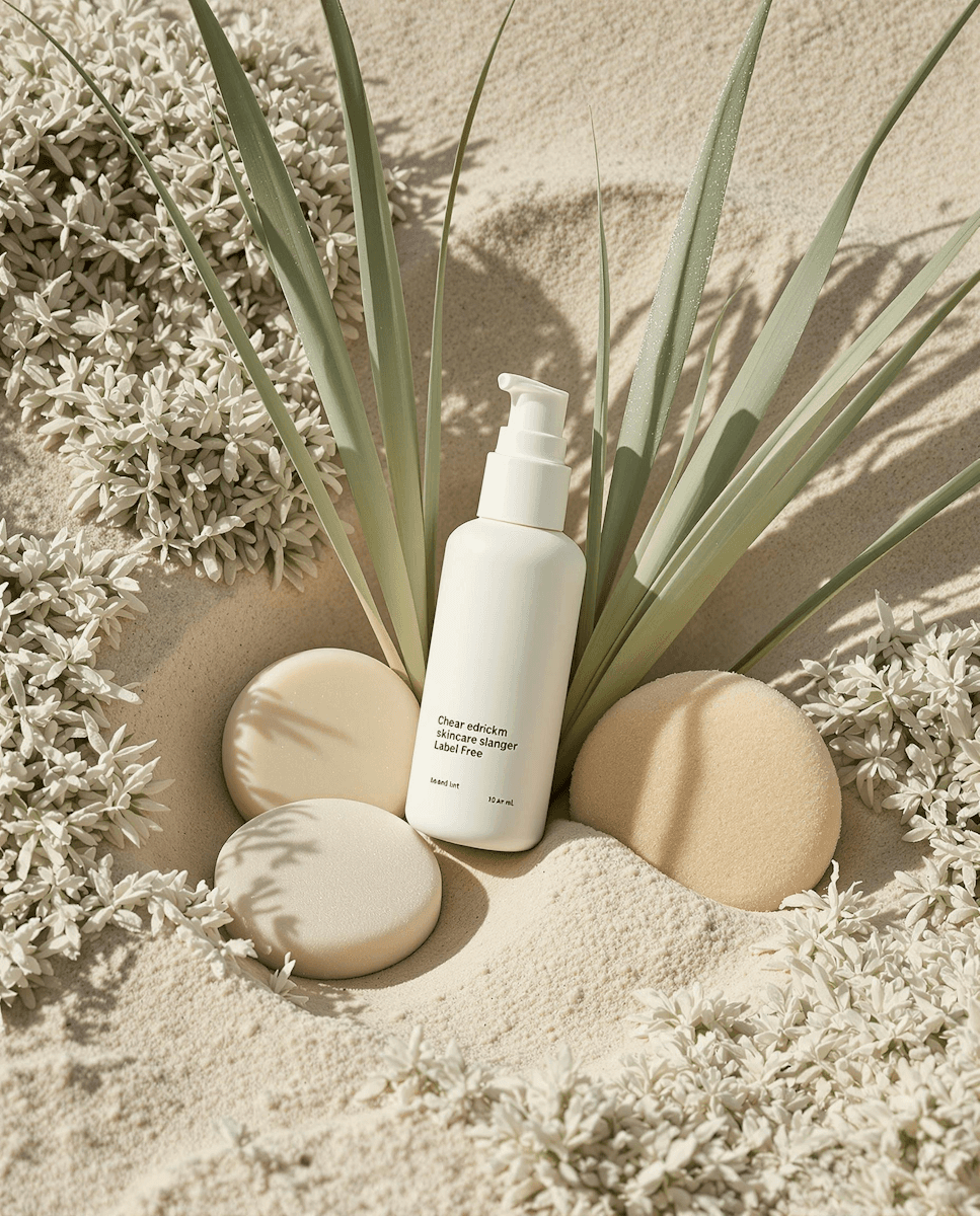 White skincare bottle and sponges in sand with green plants