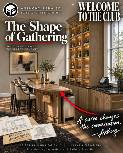 Concept bar cover with a curved wood counter and tall illuminated display shelves.