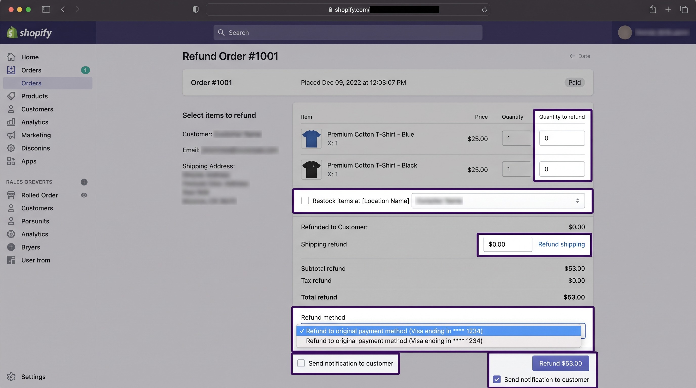 Shopify admin controls for a partial order refund