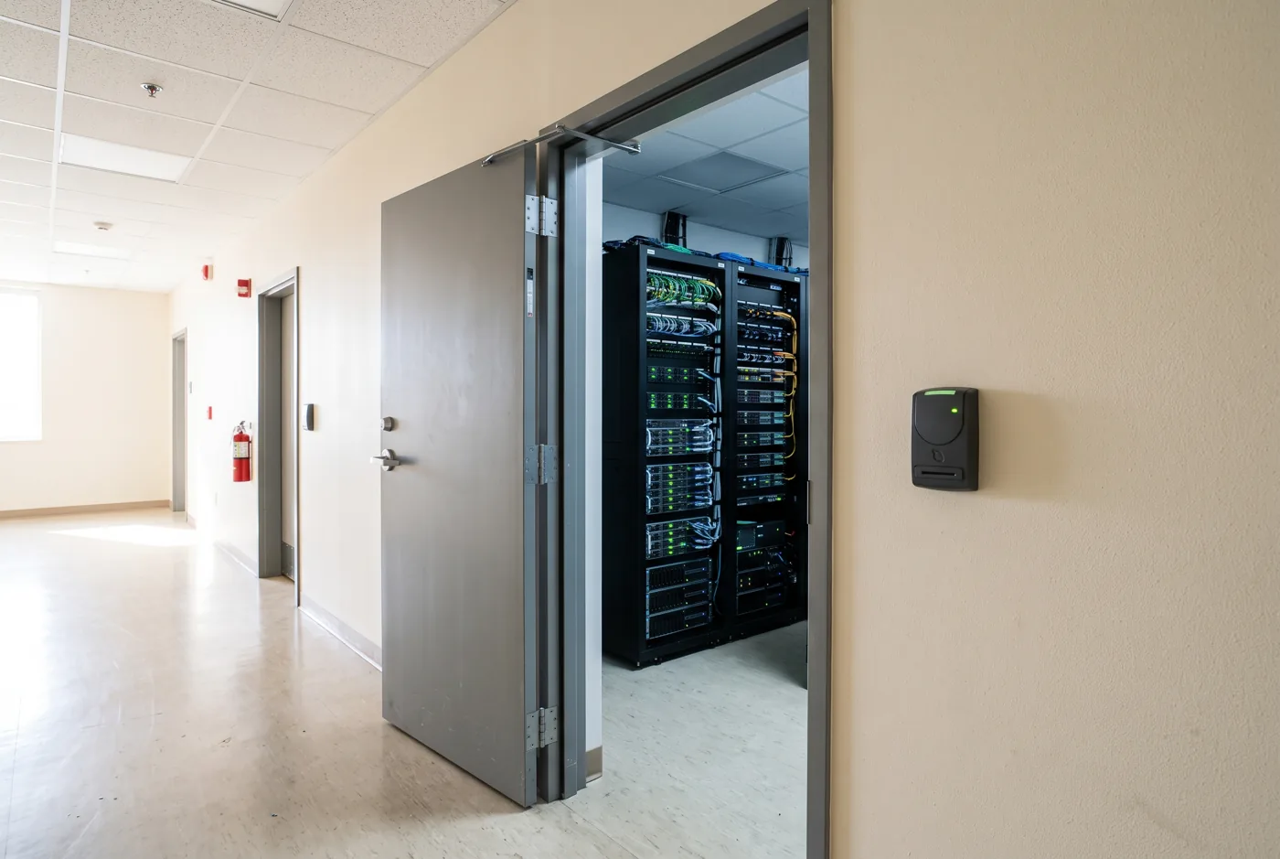An open server room door with a keycard reader beside it