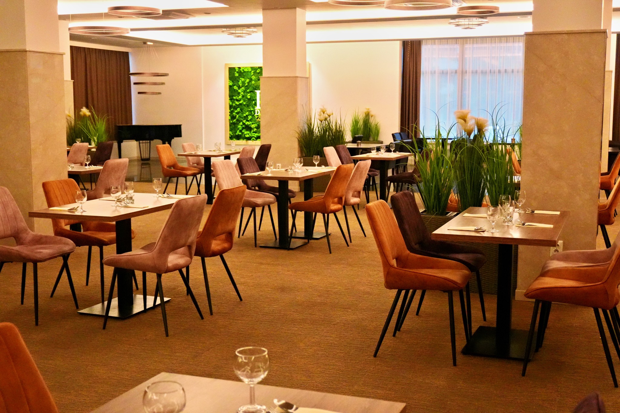 tables and chairs inside building