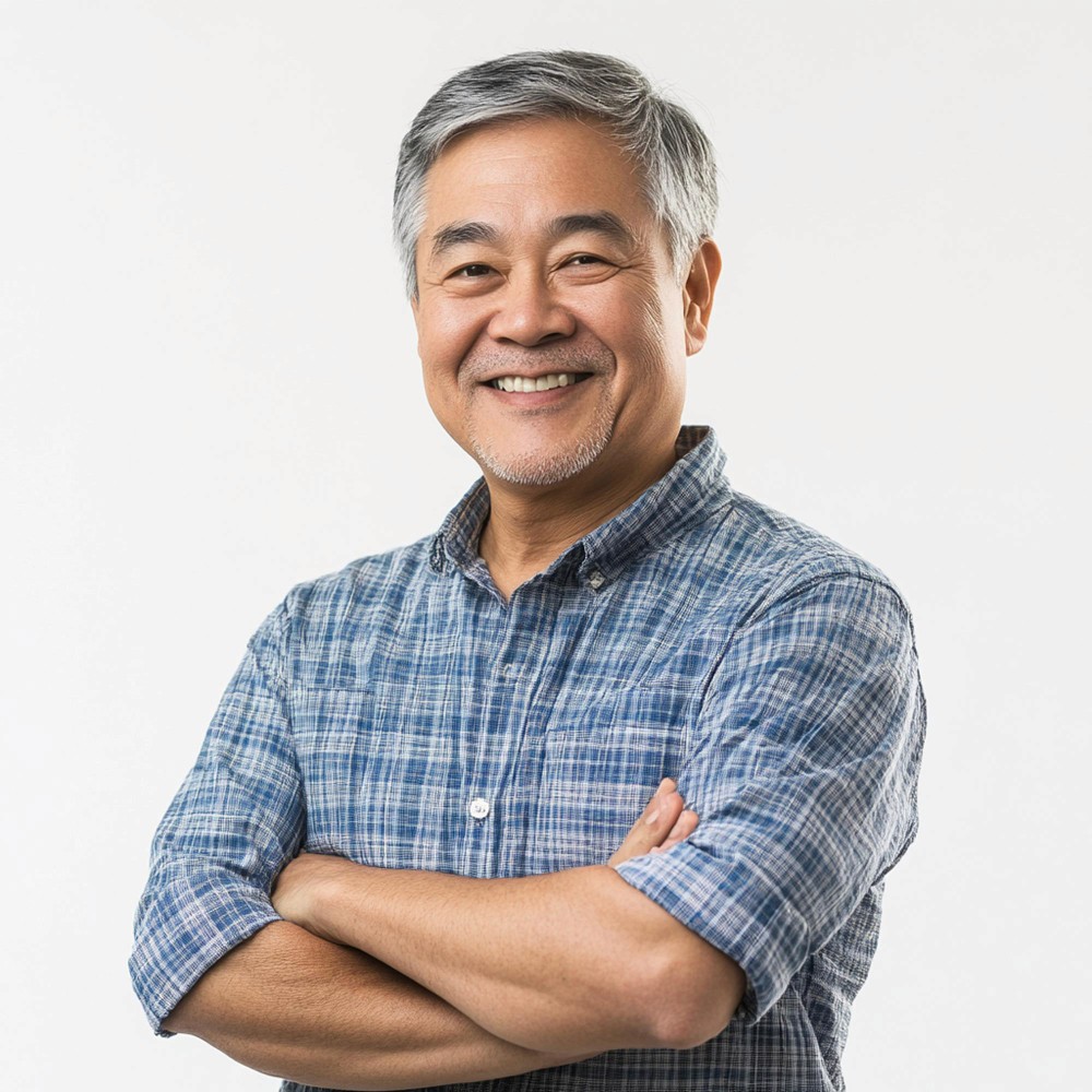 Smiling senior man in a plaid shirt standing with arms crossed against a neutral background