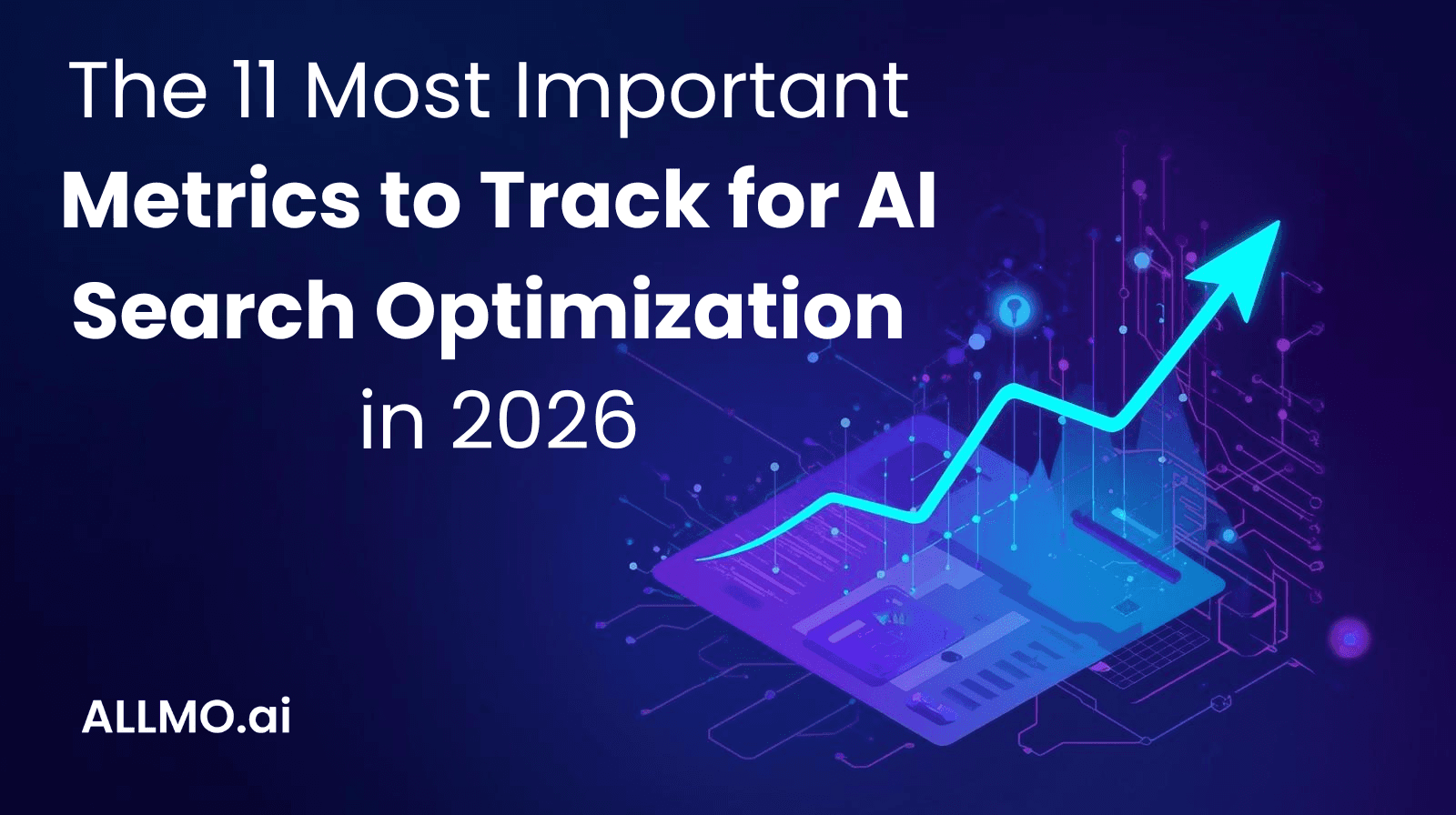 Hero image announcing “The 11 Most Important Metrics to Track for AI Search Optimization in 2026,” featuring an upward trending analytics graph and digital dashboard, representing data driven growth and AI search visibility by ALLMO.ai.