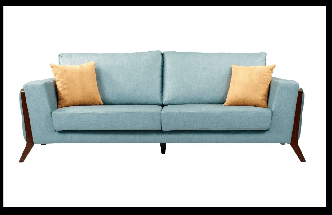 3-seater with teak arms and mustard cushions in retro-modern style.