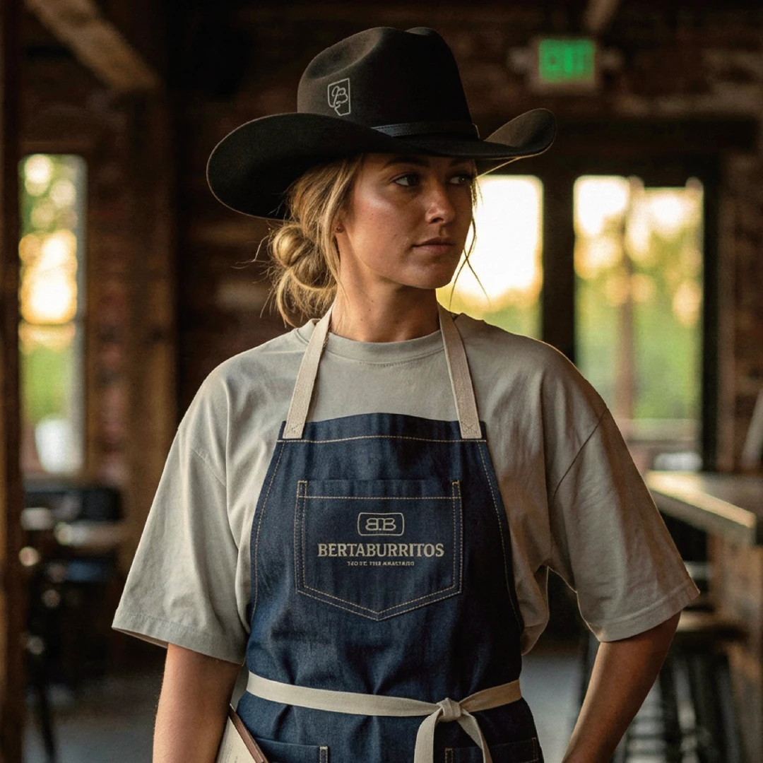 BertaBurritos staff member wearing a custom branded apron and Western-inspired restaurant uniform