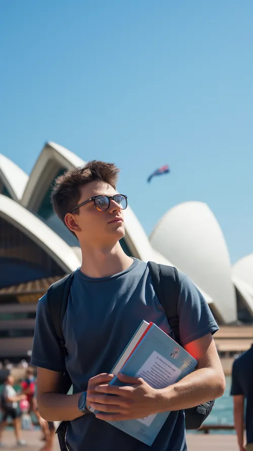 Estudante em frente à Sydney Opera House segurando livros