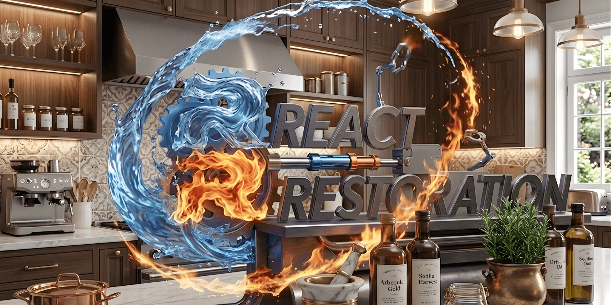 A modern kitchen with wooden cabinets and a coffee station. The text "React Restoration" is surrounded by swirling water and fire elements, adding dynamic energy.