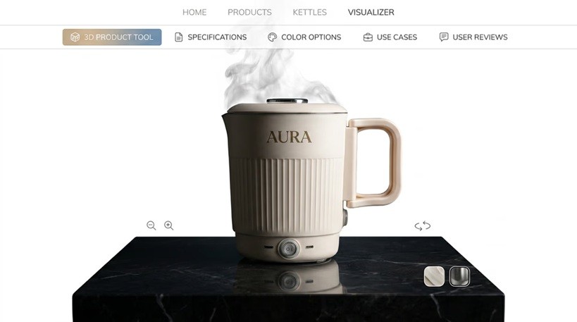 interactive web-based 3D kettle configurator with color selection, specifications