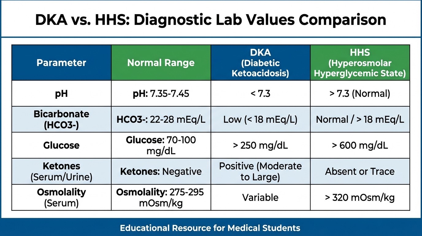 DKA vs HHS laboratory values comparison table