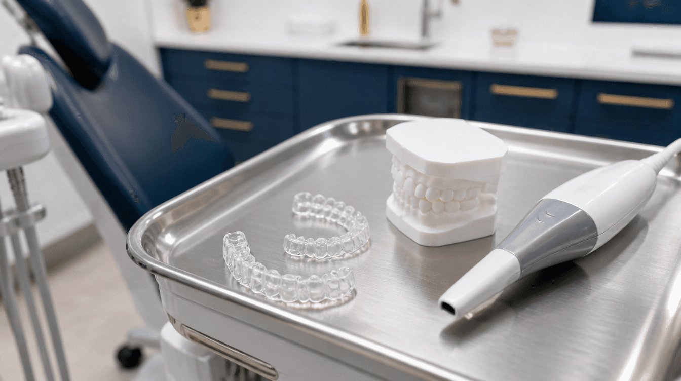 Clear Invisalign aligners next to a 3D-printed dental model on a clinical tray at a Smyrna dental practice