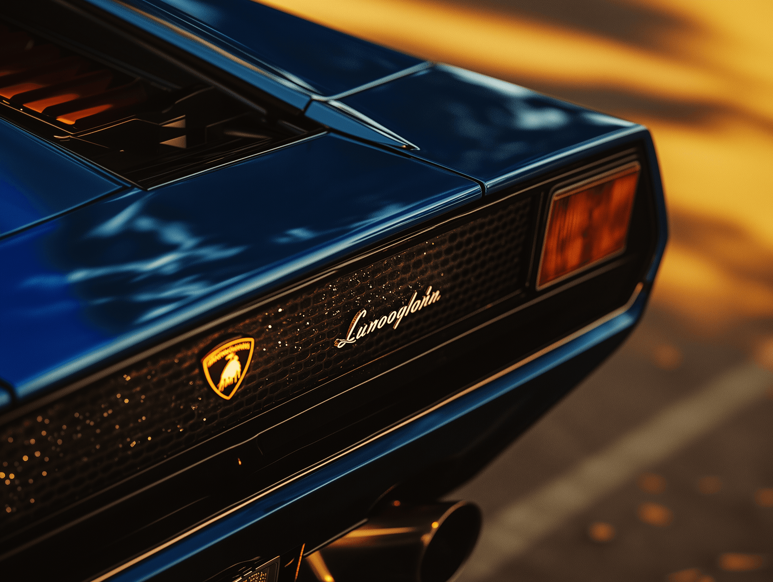 A close-up of the rear light and emblem on an old blue Lamborghini Countach, adding depth to the scene. Shot from an angle that showcases the elegant curves of the Lamborghini Countach., and the overall classic design of the car. This shot emphasizes the elegance and vintage charm of these iconic vehicles., blurred background, highlighting the details and colors of both text and vehicle. The lighting casts gentle shadows across the surface of the bodywork, set against a blurred background of a yellow field. The focus is on capturing intricate details like reflections from the lights