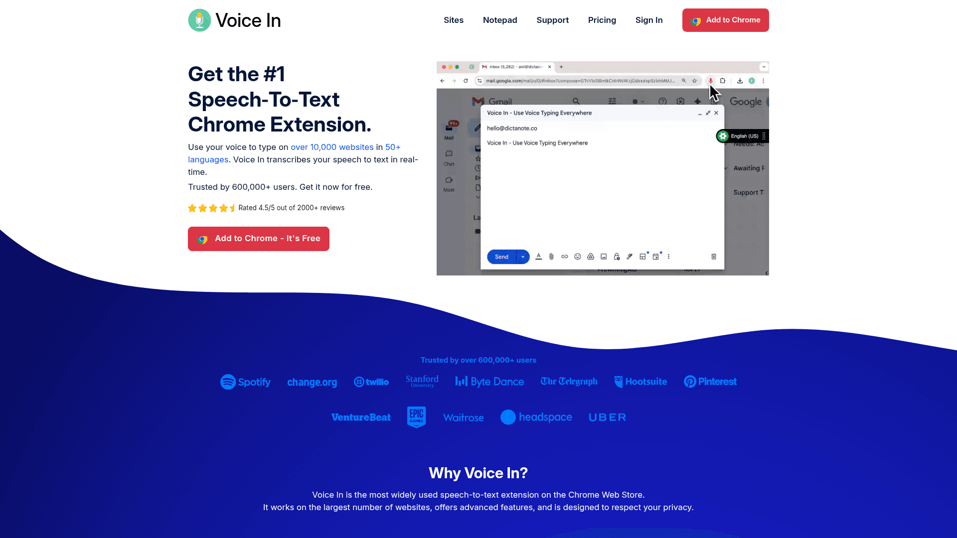 Screenshot of https://dictanote.co/voicein/