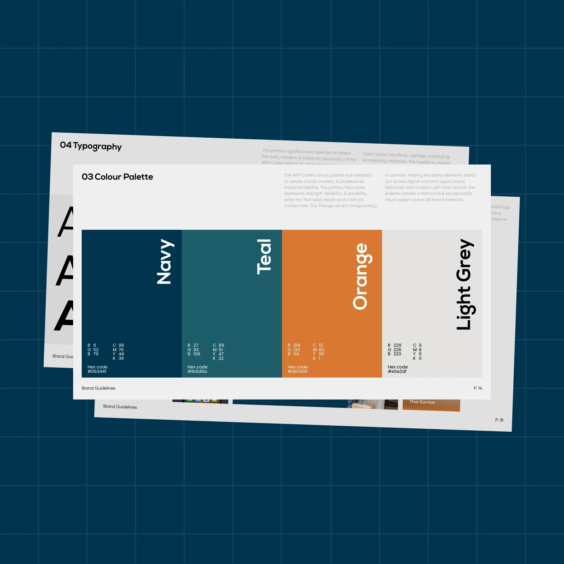 Arx Crates brand guideline pages showing typography and the navy, teal, orange and light grey colour palette