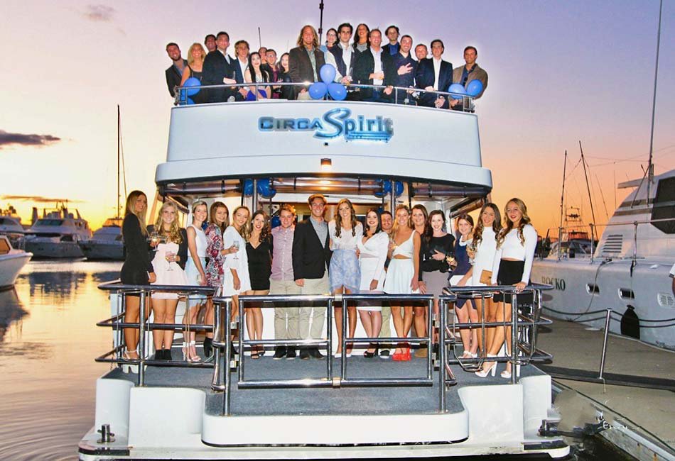 Circa Spirit yacht: Stern party crowd two decks sunset