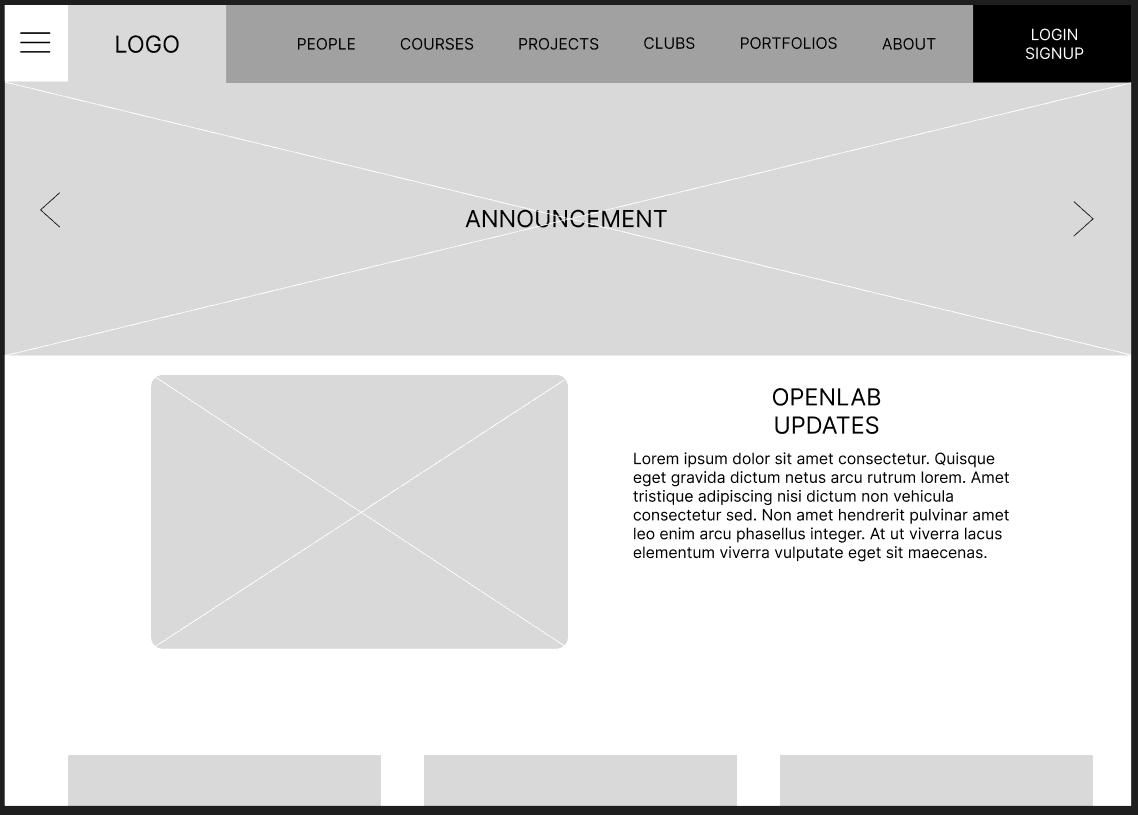 My wireframe for OpenLab landing page redesign.