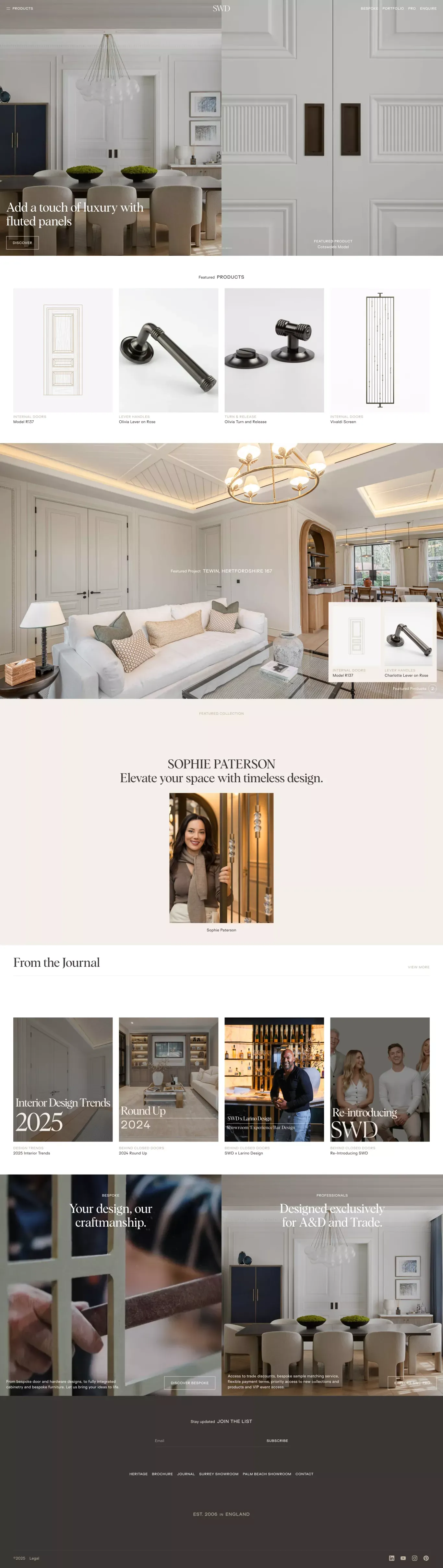 SWD Bespoke portfolio page screenshot showcasing Design and Furniture & Interiors design