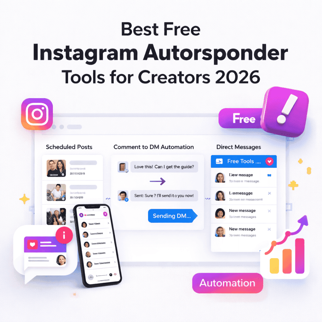 Promotional graphic titled “Best Free Instagram Autoresponder Tools for Creators 2026 showing a clean Instagram automation dashboard with scheduled posts, comment-to-DM automation, and direct messages, alongside a smartphone displaying Instagram DMs, growth icons, and an InstantDM notification badge in a modern SaaS-style design.