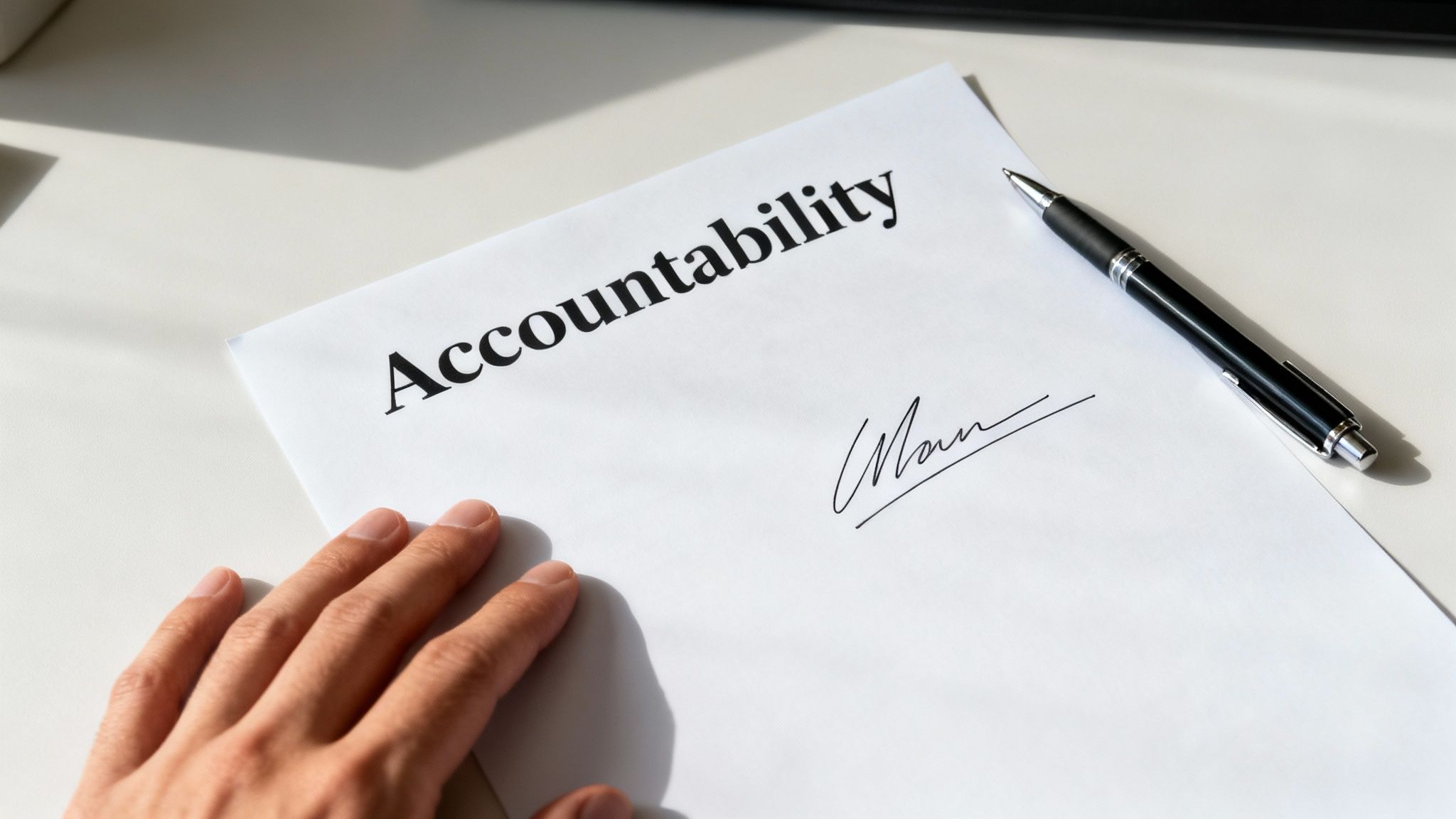 A person's hand rests near a document titled 'Accountability' with a signature and a pen.