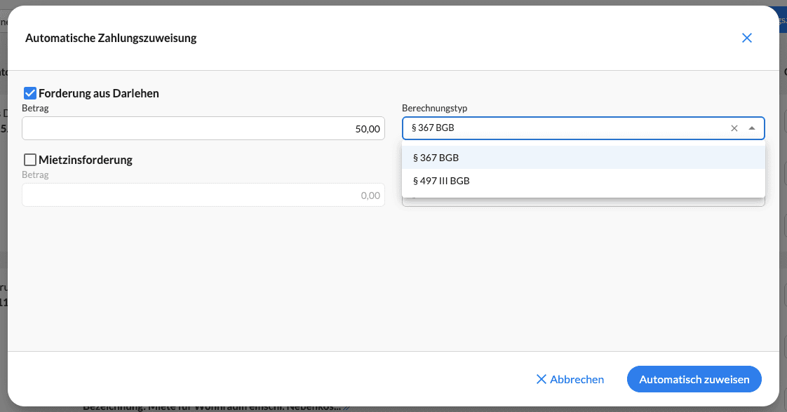 Maske der automatischen Zahlungszuweisung. Es besteht die Option der Tilgungslogik nach § 367 BGB und § 497 Abs. 3 BGB.