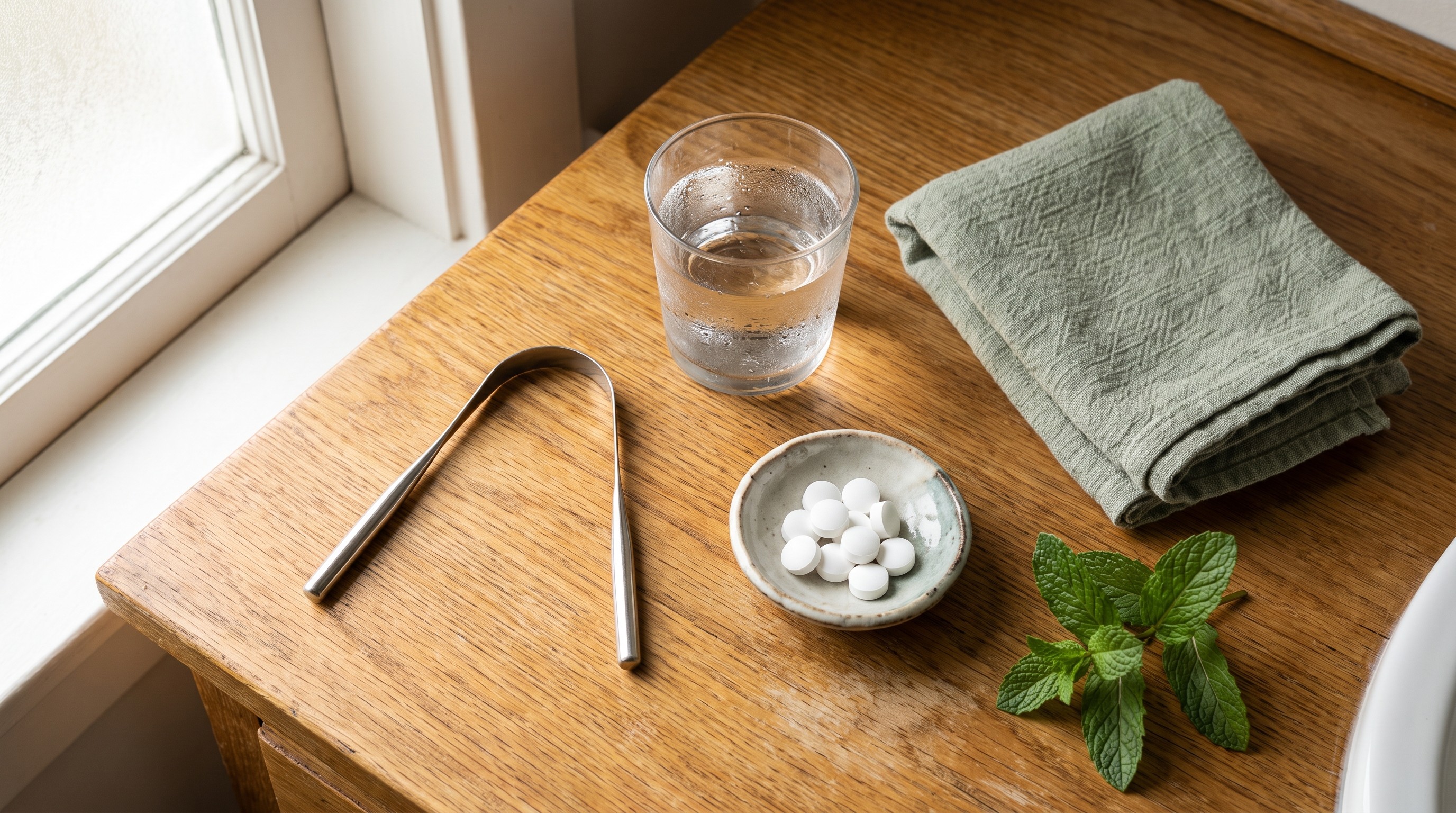 Vista superior plana de un raspador de lengua, un vaso de agua, mentas de xilitol y una ramita de menta sobre un mostrador de madera