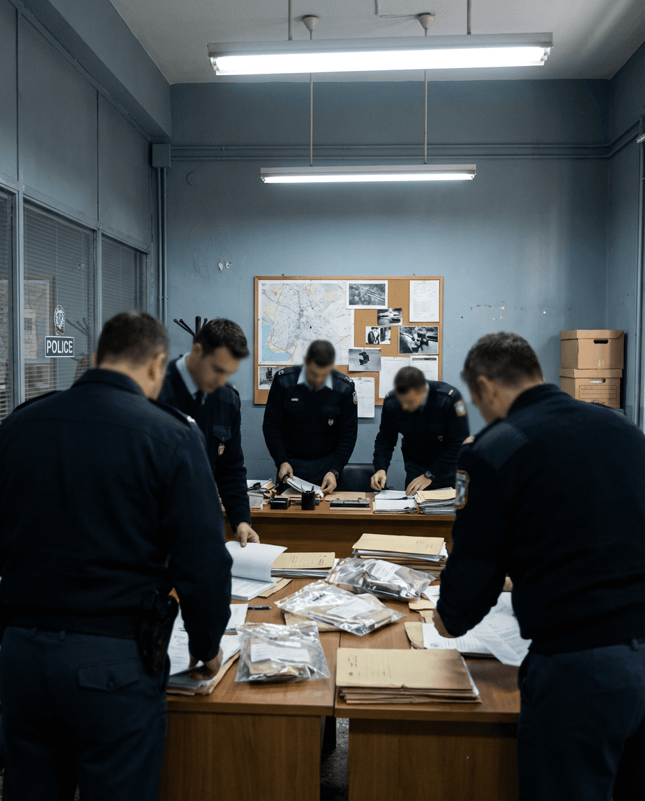 Interior of a Greek police station with officers reviewing evidence.