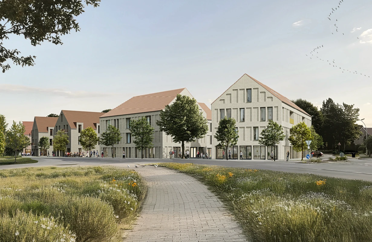 Isometrische Zeichnung eines Bauprojekts mit mehreren Gebäuden und markierten Strukturen in Rot