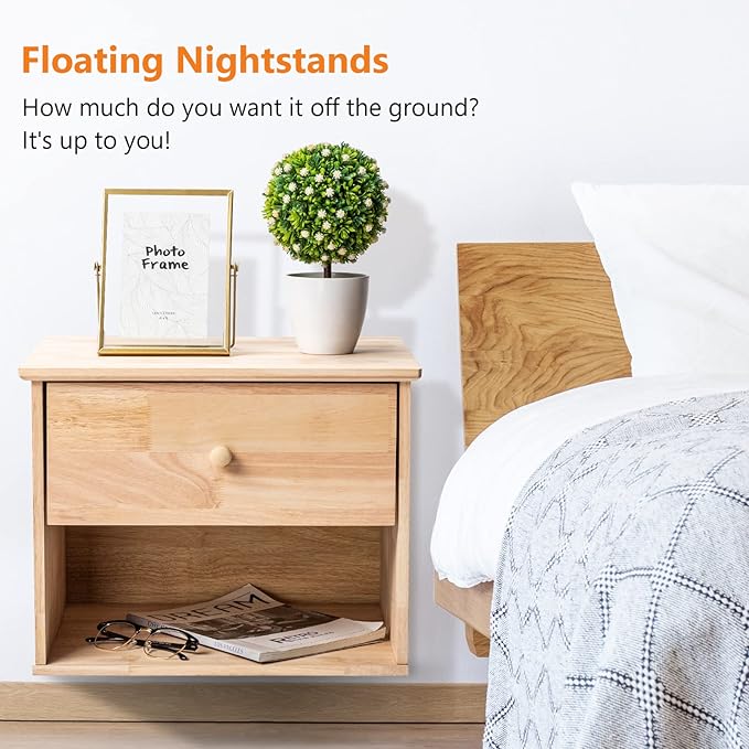 Elegant solid wood floating nightstand with ample storage space and a timeless design.