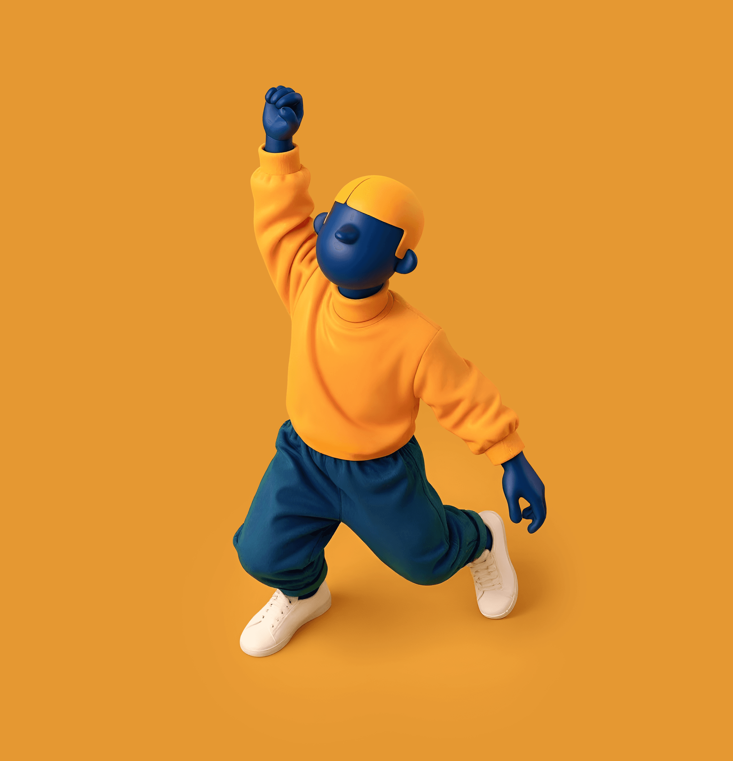A 3D illustration of a stylized figure dancing. The figure is blue and orange, with one arm raised in the air.