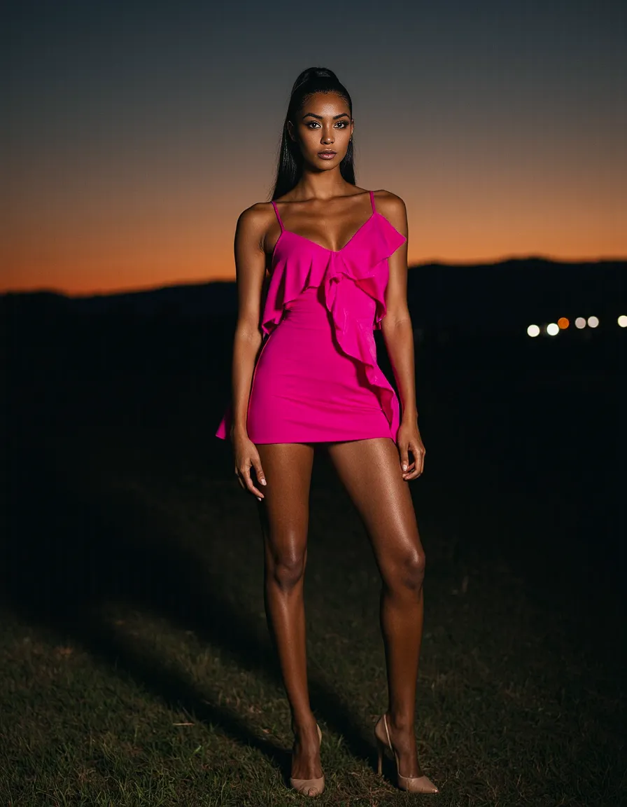 Striking fashion photograph featuring a vibrant hot pink dress against a sunset backdrop, demonstrating dramatic lighting for editorial styling