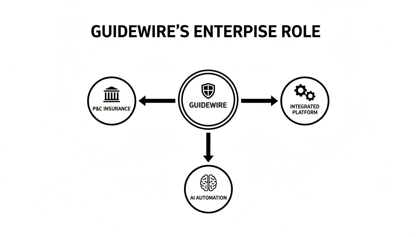 Diagram illustrating Guidewire's enterprise role connecting P&C insurance, integrated platforms, and AI automation.