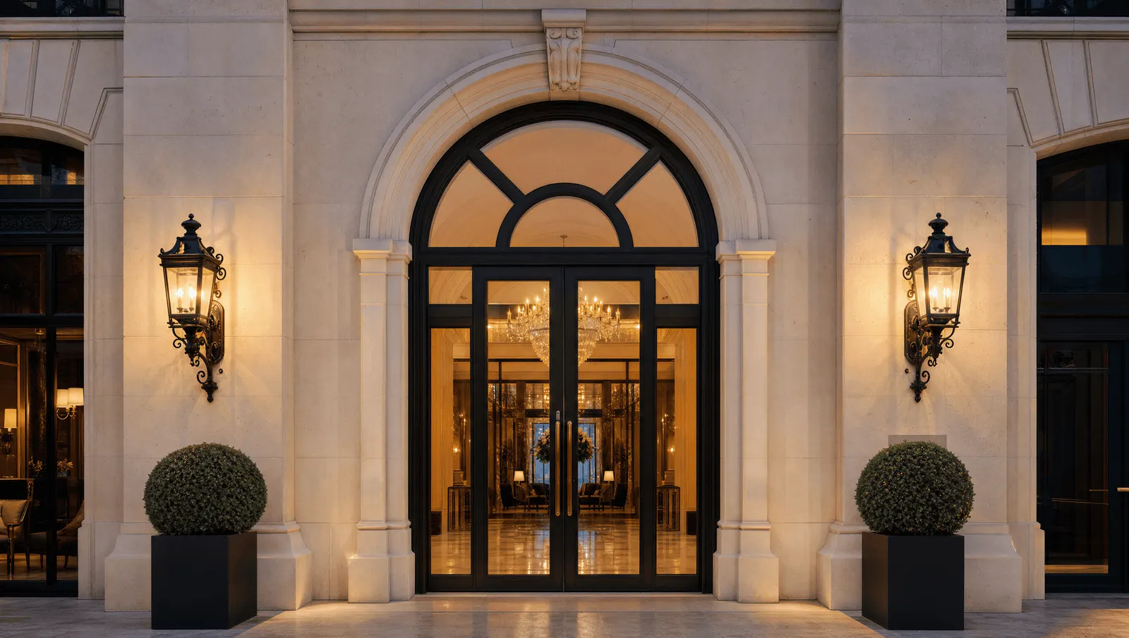 Lit hotel entrance with glass doors flanked by lanterns and potted topiaries