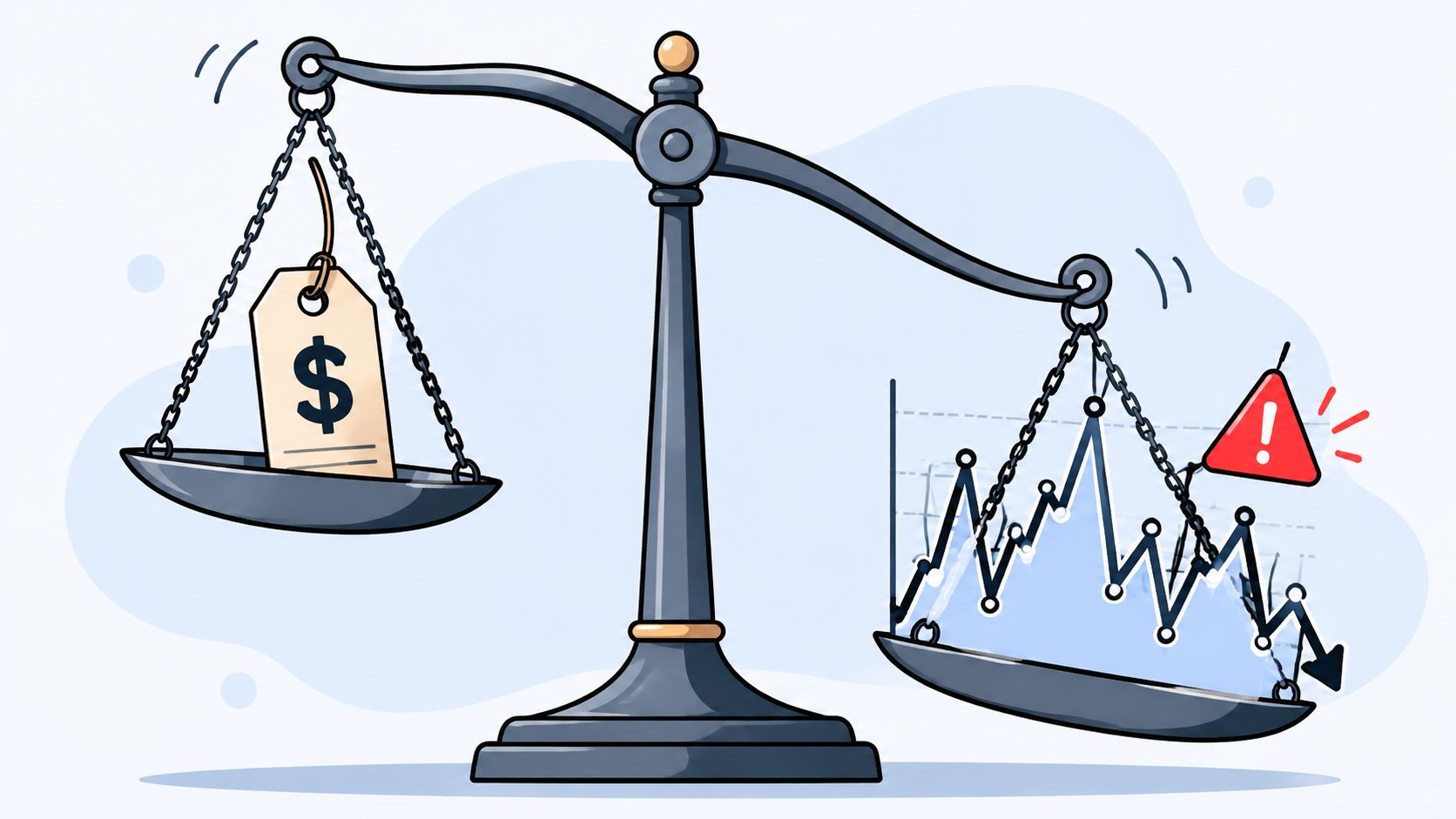 A balance scale weighing a dollar price tag against a fluctuating financial graph with a danger warning.