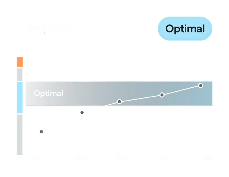 Ferritin biomarker chart showing values trending upward over months (Aug to Dec) within the optimal range.