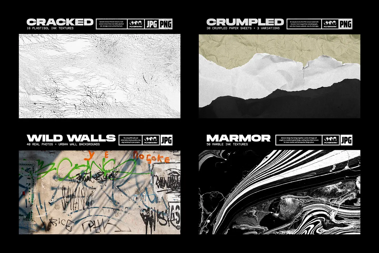 Cracked ink, crumpled paper, urban wall textures and marble ink textures included in the texture bundle