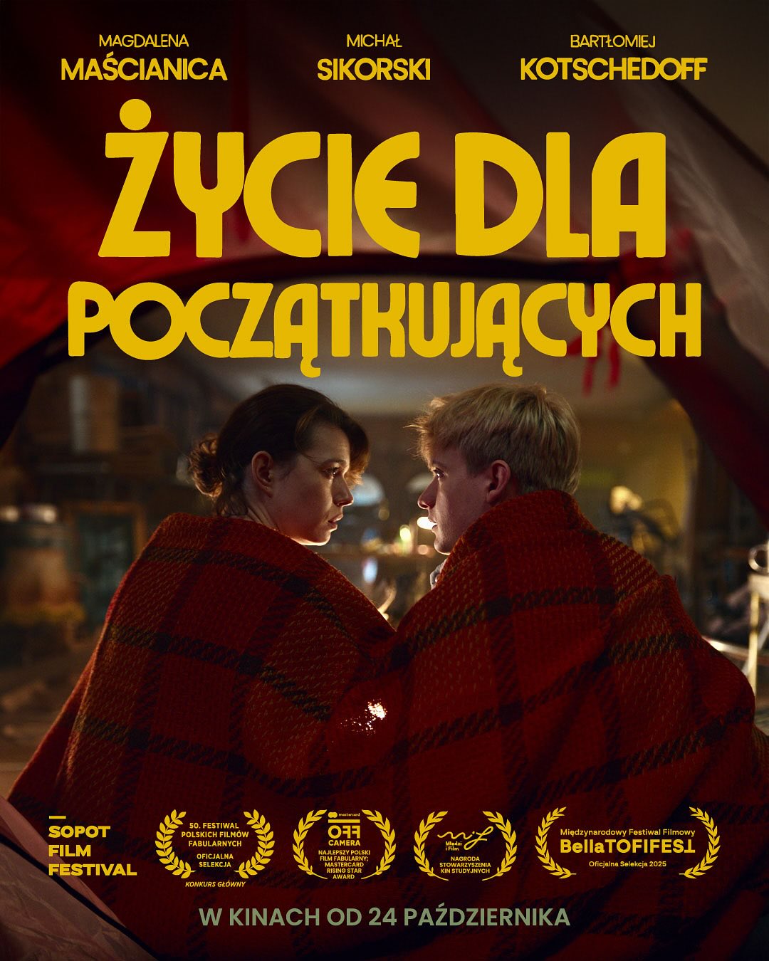 Poster for "Życie dla początkujących" dir. Paweł Podolski, starring Bartek Kotschedoff, Michał Sikorski, M. Maścianica.