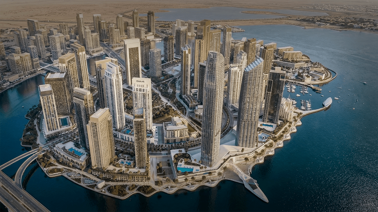 Aerial render, buildings overlooking a body of water