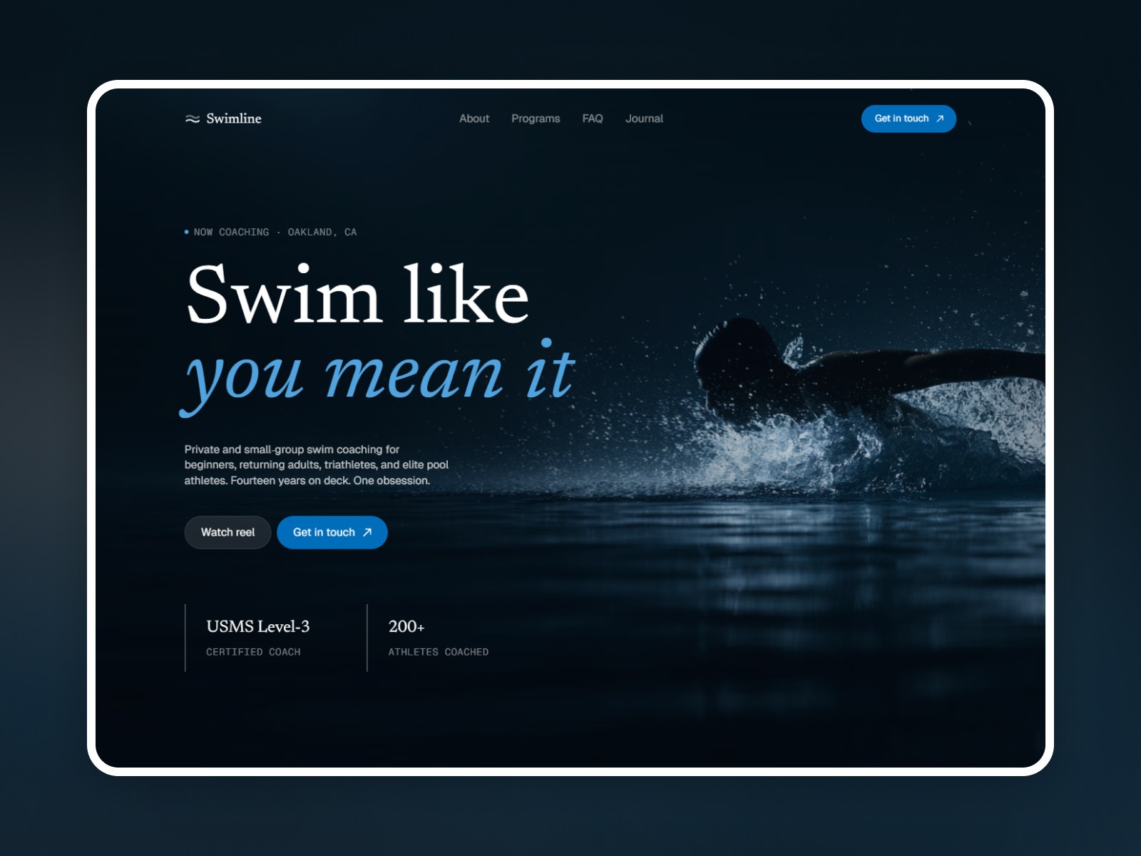 Swimline Framer template – swim coach website homepage with dark hero and athlete stats