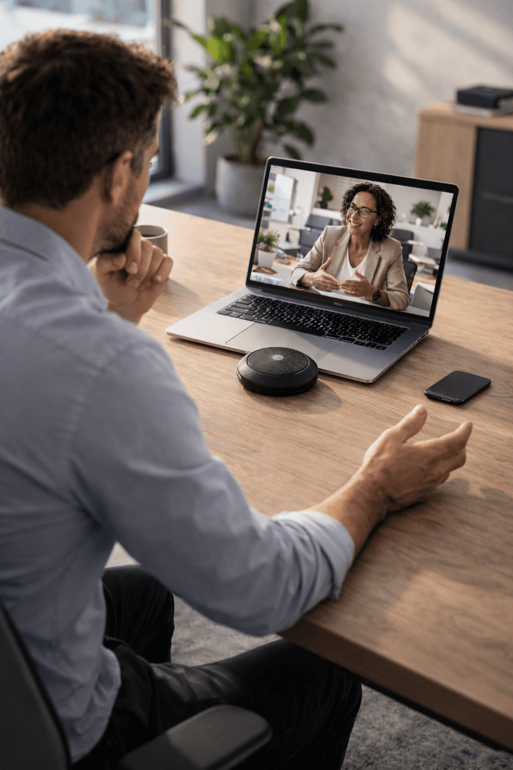 Visioconférence entre un industriel et une consultante énergie pour cadrer le besoin et définir la prochaine étape.