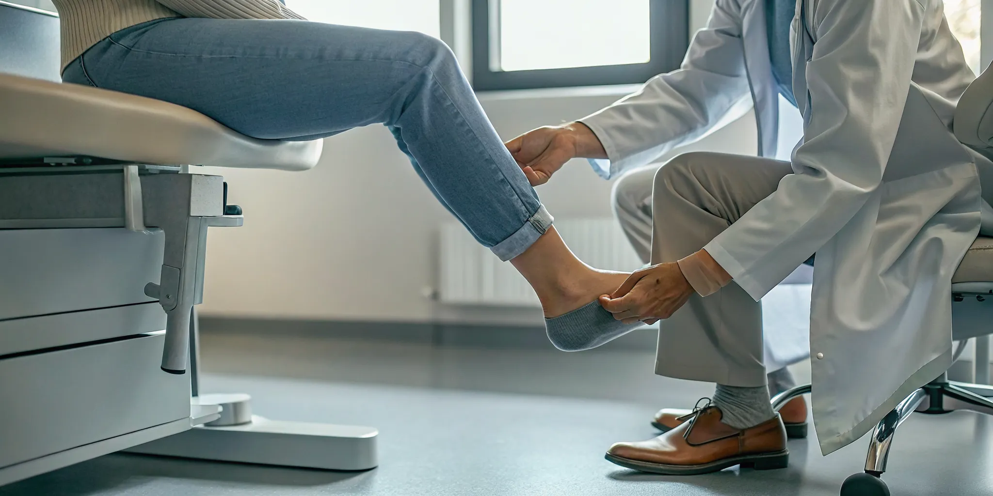 Podiatrist evaluating an adult patient's foot arch and inner ankle in a modern exam room
