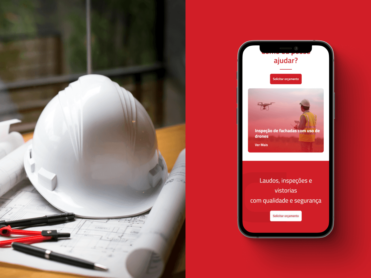 Capacete de proteção de obra ao lado mockup de celular com a tela do site do Engenheiro Ricardo