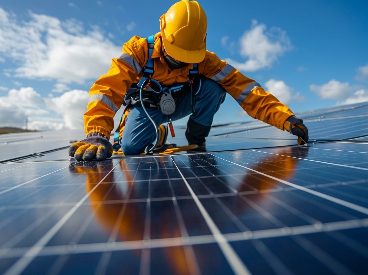 Man on a roof installing solar panel